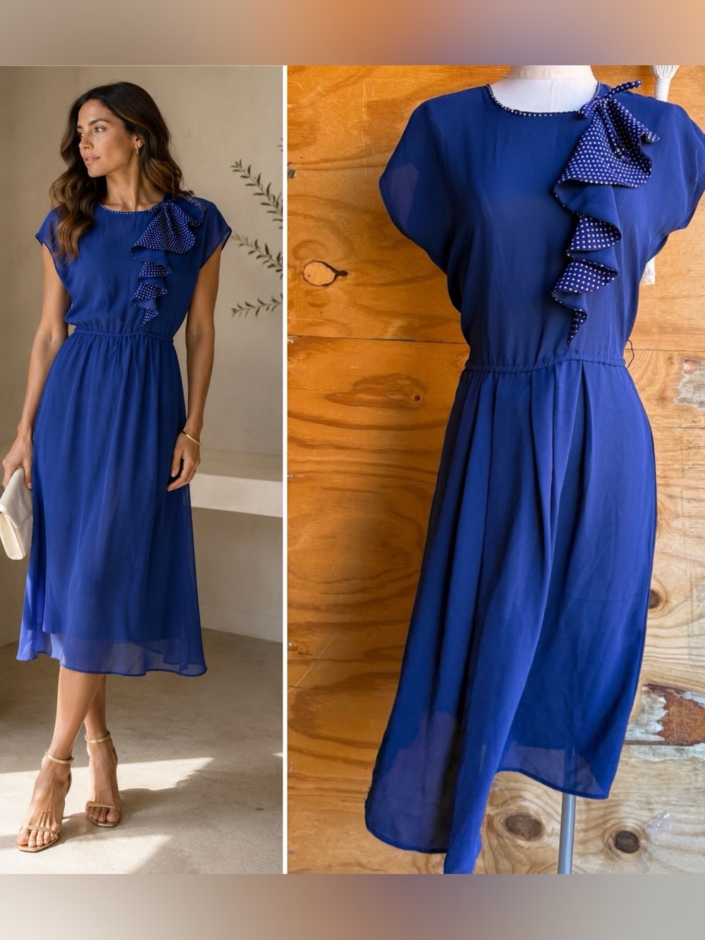 Vintage Sheer Blue Dress with Polkadot Ruffle - Picture 3 of 5